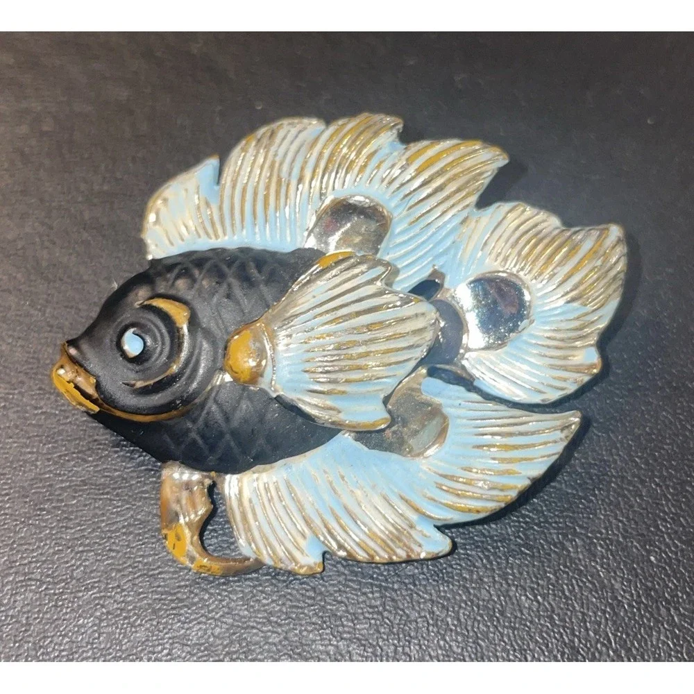 Vintage✨Gold Tone Blue Black‎ Fish Rhinestone Brooch Pin